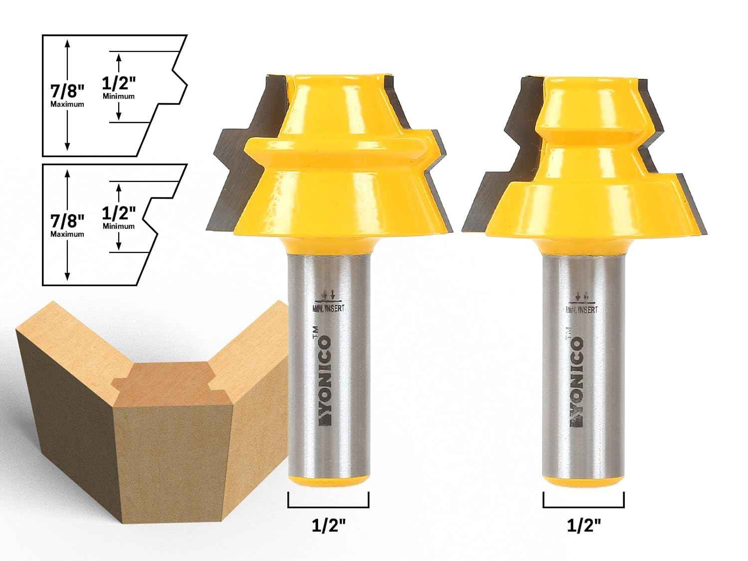 YONICO 45° Lock Miter Router Bit Set – 3 Bits, 1/2-Inch Shank for Precision Joinery