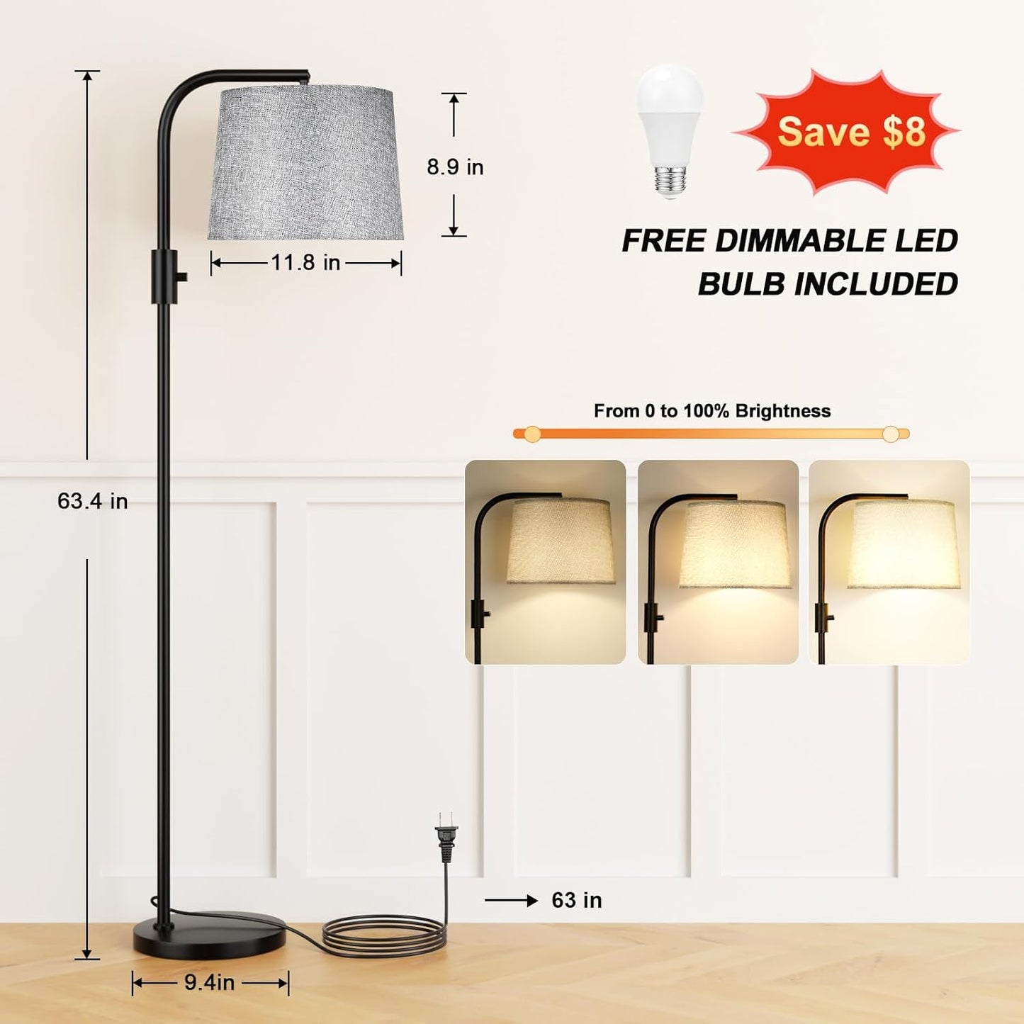 Modern Dimmable Floor Lamp with 9W LED Bulbs - Stylish Standing Light for Living Room & Bedroom (Gold & White)
