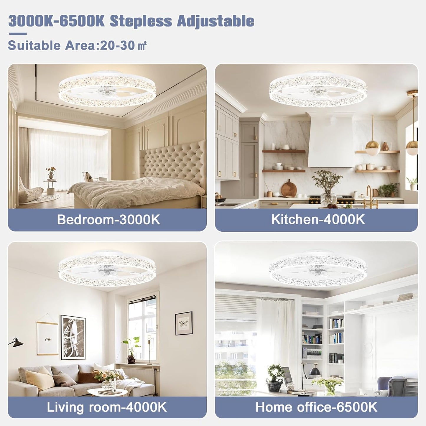 Modern Bladeless Ceiling Fan with Light & Remote - 15.7in Low Profile Fandelier, Dimmable 3000K-6500K for Bedroom