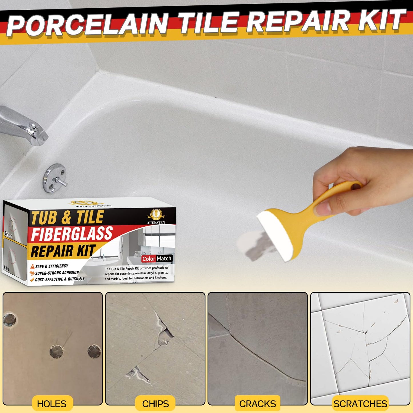 Bathtub Repair Kit, Porcelain and Fiberglass Tub Tile and Shower Kit Repair Chips Dents Cracks Scratches from Ceramic, Marble, Quartz, Resin, Acrylic (White)