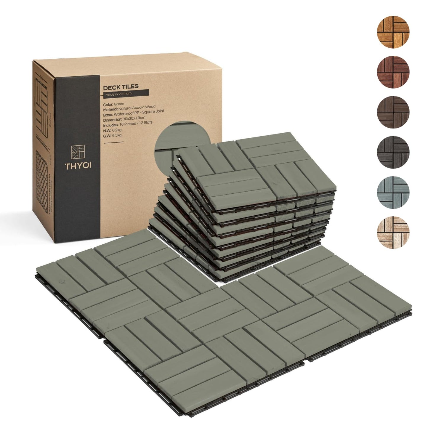 Outdoor Waterproof Acacia Wood Deck Tiles - 10 Pcs Patio Flooring for All Weather Use