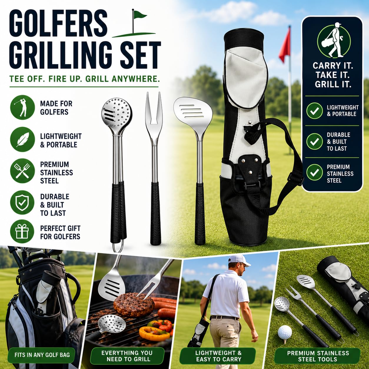 Outset Stainless Steel Golf Club Grill Tool Set, Includes Tool Golf Bag, Spatula, BBQ Fork, and Tongs