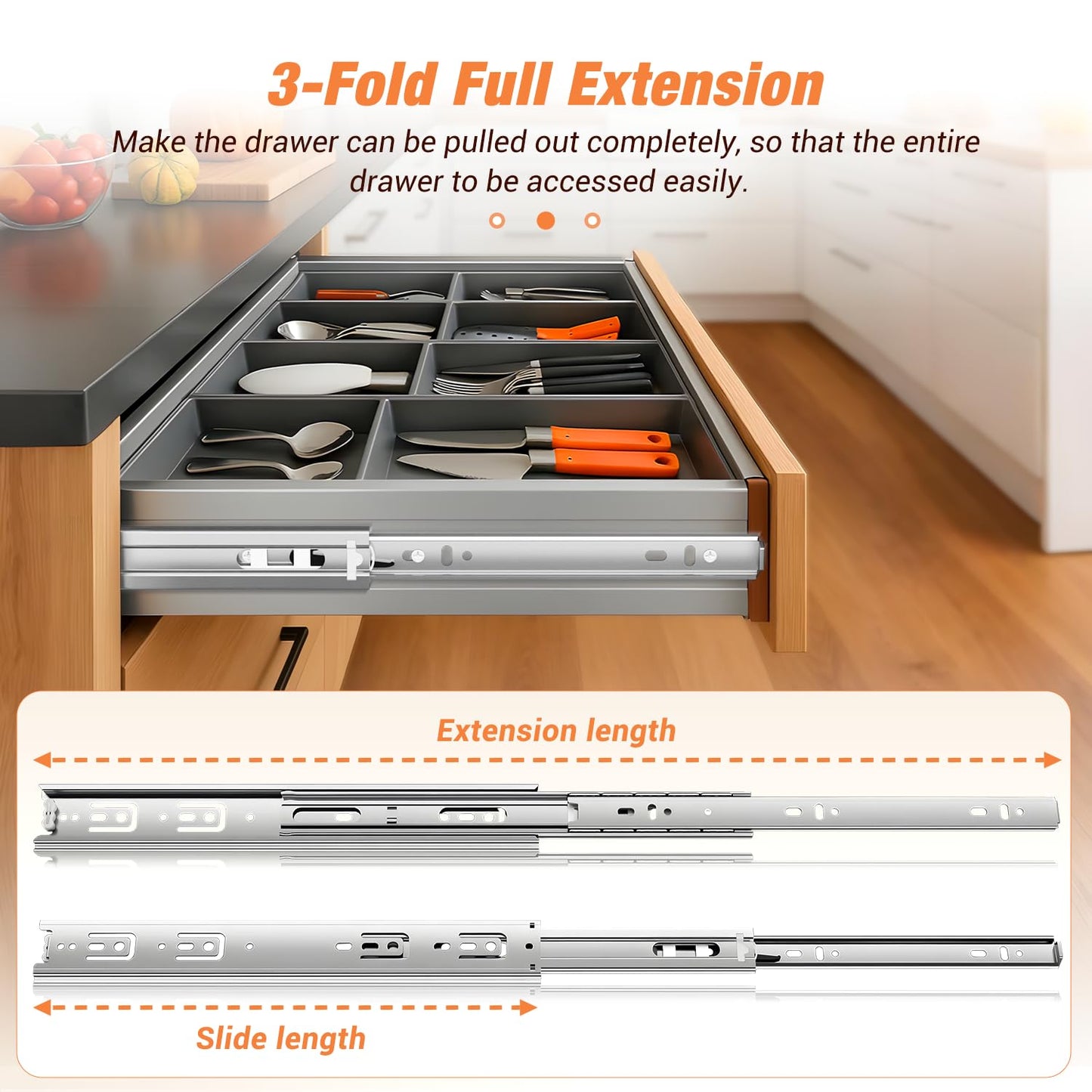 REGUDA Drawer Slides Ball Bearing 3 Folds Full Extension Side Mount Cabinet Runners Glides Rails Track 100 Lbs Load 10 12 14 16 18 20 22 24 Inch Silver (1 Pair (Silver), 12 inch)