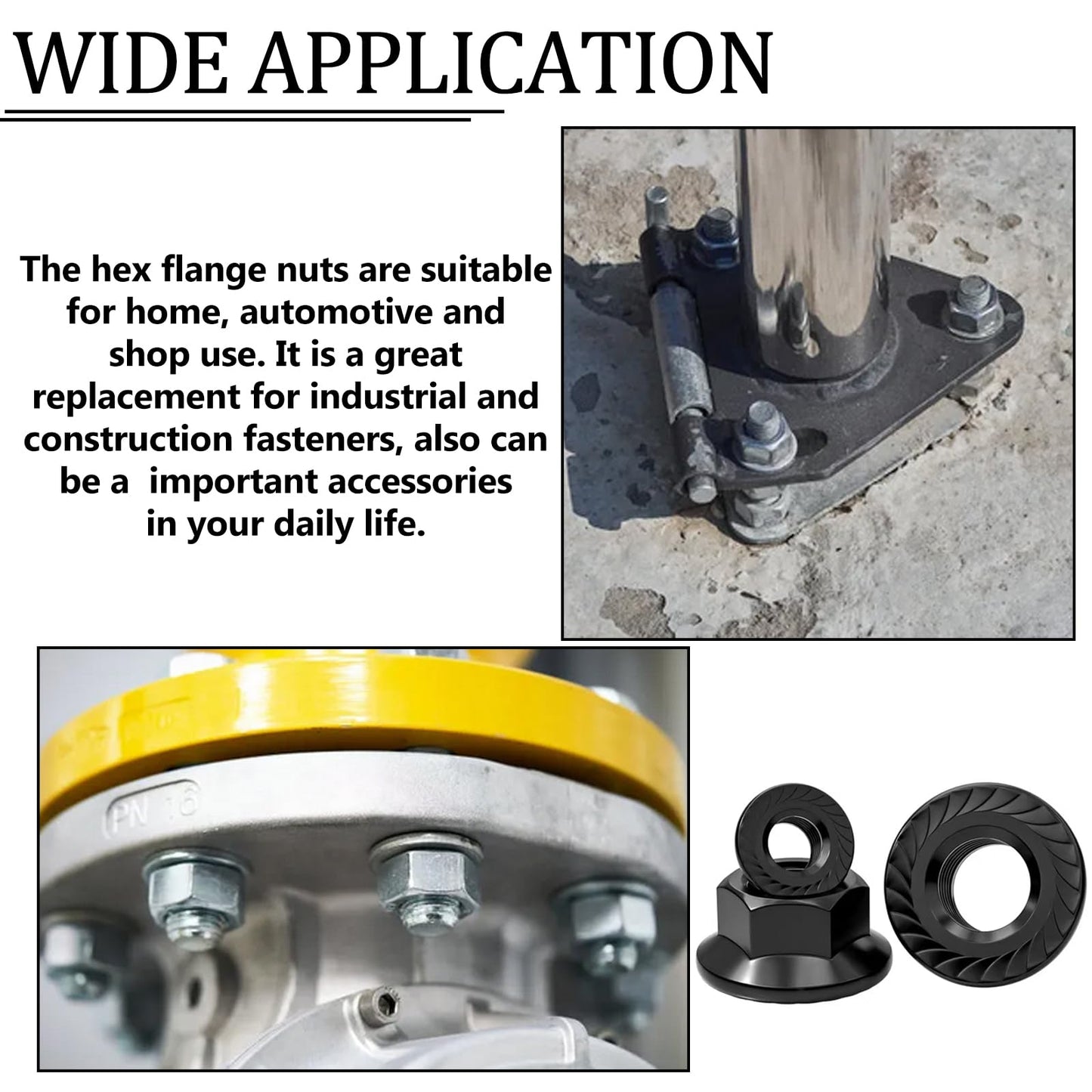 Aienxn 136PCS 6 Metric Sizes Black Carbon Steel Hex Flange Nuts Assortment Kit -M3, M4, M5, M6, M8, M10