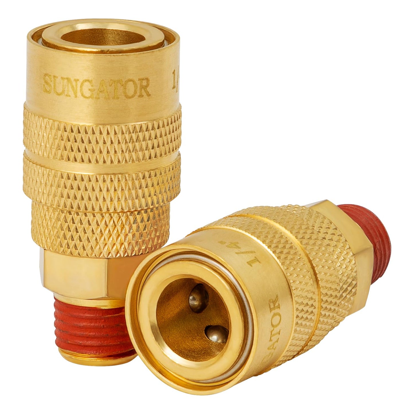 SUNGATOR 2 Pack 3/8'' Male NPT Industrial Air Couplers with 1/4'' Flow Hole, Brass 3/8'' MNPT Thread to 1/4'' Air Hose Fittings, Quick Connect Pneumatic Air Couplers with Pre-Coated Sealant