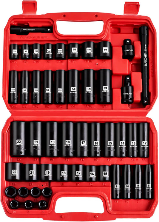 52-Piece Impact Socket Set with 72-Tooth Ratchet & Adapter - Metric & SAE Mechanic Tools for Automotive Repair