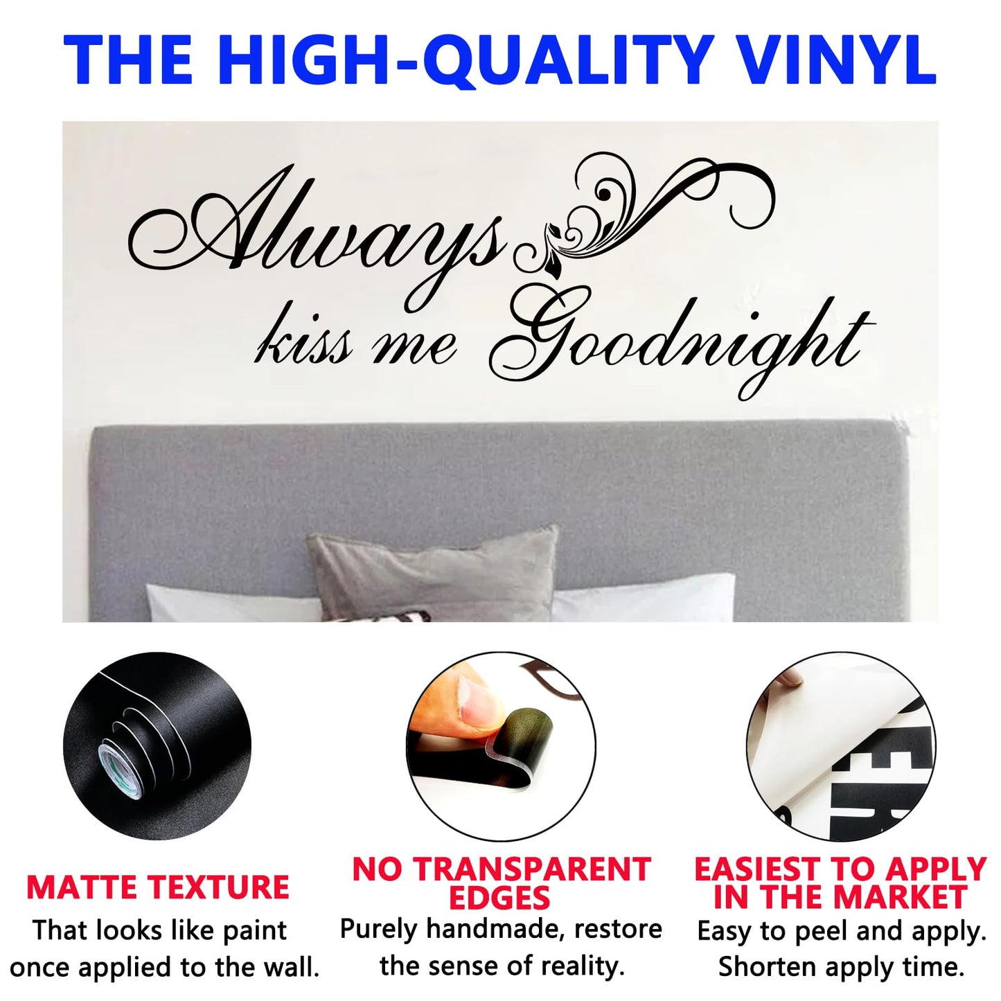 SEATUNE Always Kiss Me Goodnight Wall Decals - Bedroom Wall Stickers - Romantic Marriage Couples Quotes Inspirational Love Family Bathroom Bed Home Vinyl Art Wall Decor 36"X12"