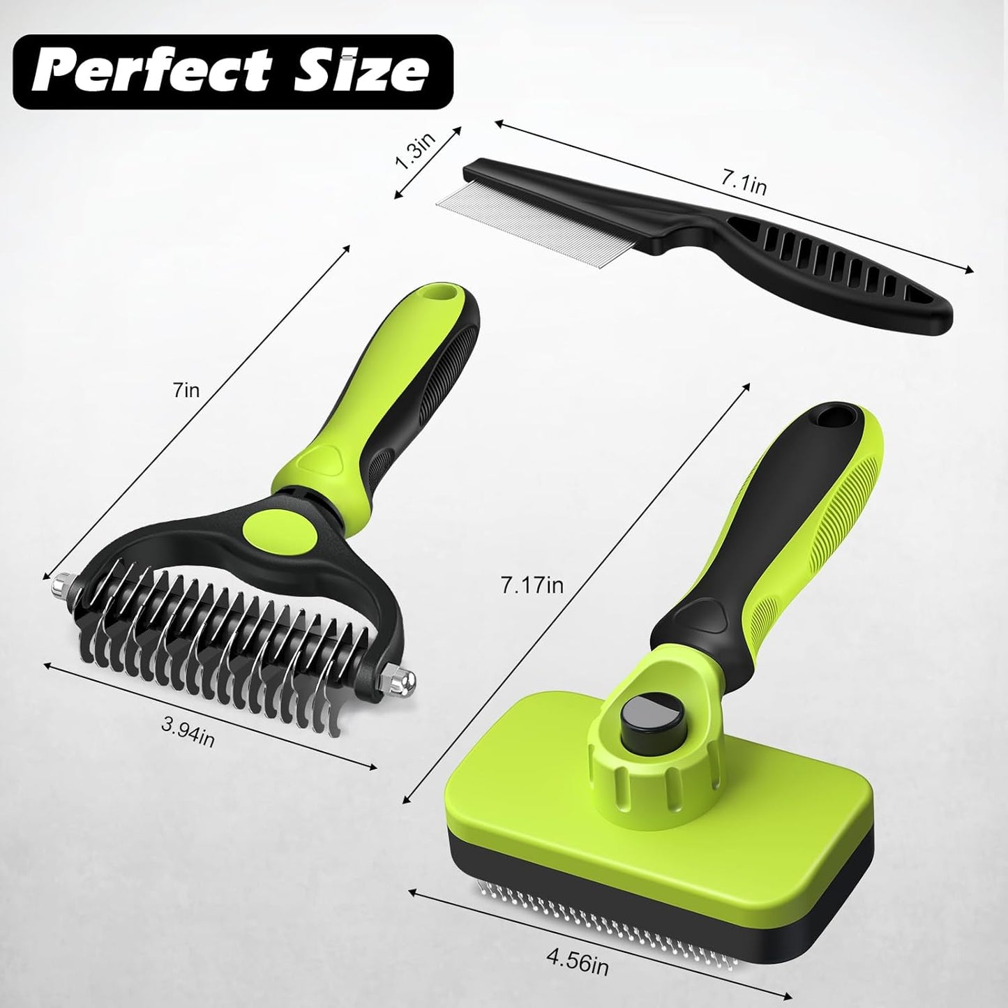 Skiennix 3PCS Pet Grooming Set - Self-Cleaning Slicker Brush, Rake & Flea Comb for Dogs, Cats & Horses | Skin-Friendly Dematting Tool (Green)