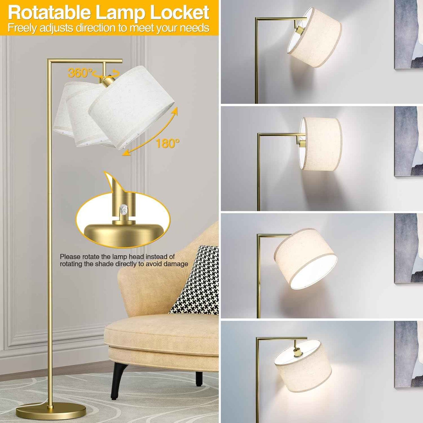 Adjustable Black Floor Lamp for Living Room - 3 Color Temperatures & Beige Linen Shade