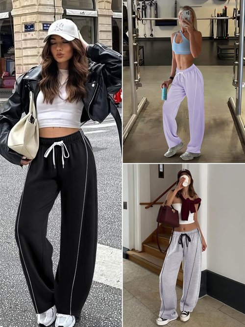 IVIR Black Sweatpants Women High Waist Baggy Trendy Y2K Straight Leg Track Pants Womens Teen Girls Sweat Pants with Pockets Middle