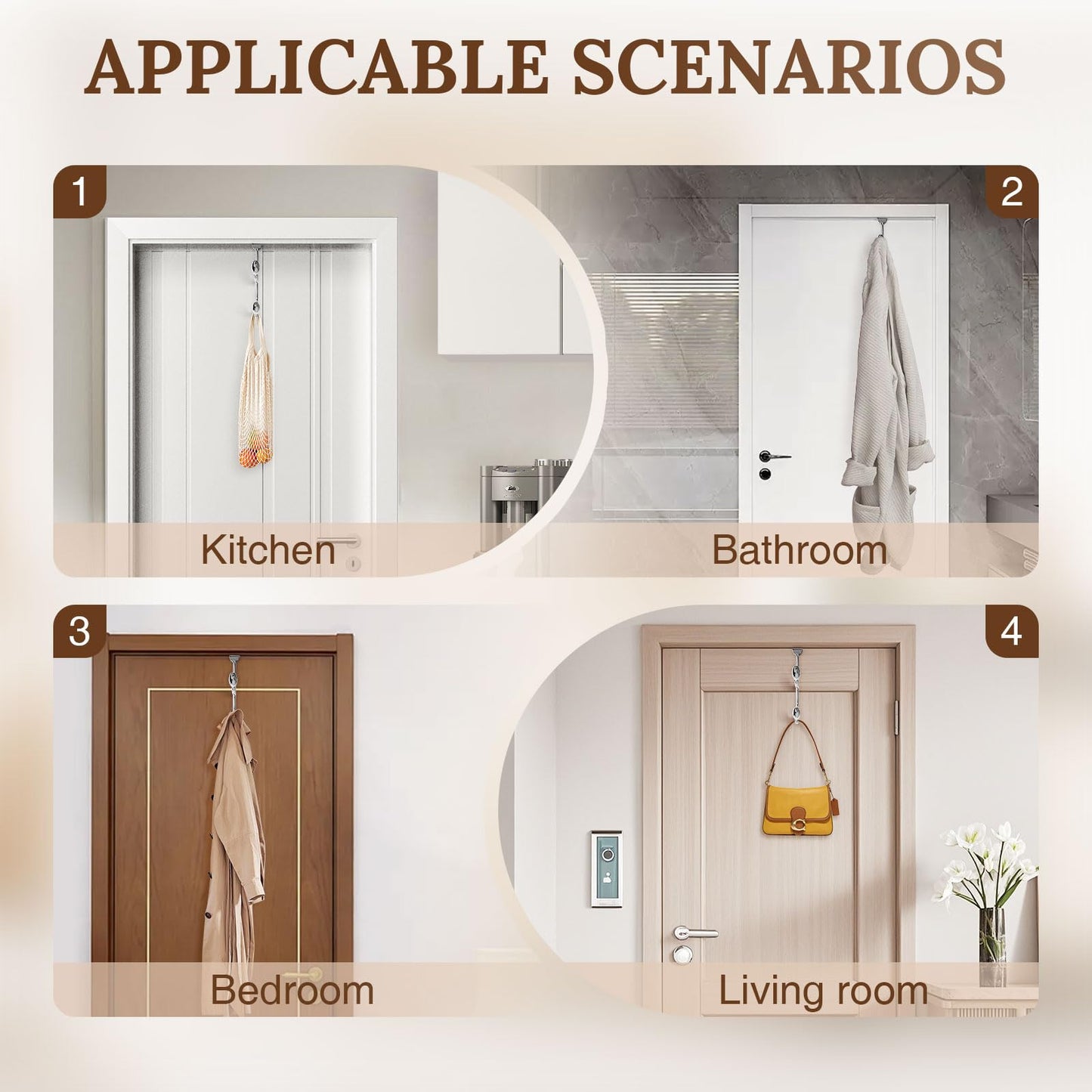 FantasHome Traditional Over The Door Double Hooks, Organizer for Hanging Coats, Hats, Towels, Purses in Bedroom, Bathroom, Laundry Room and More - Silver