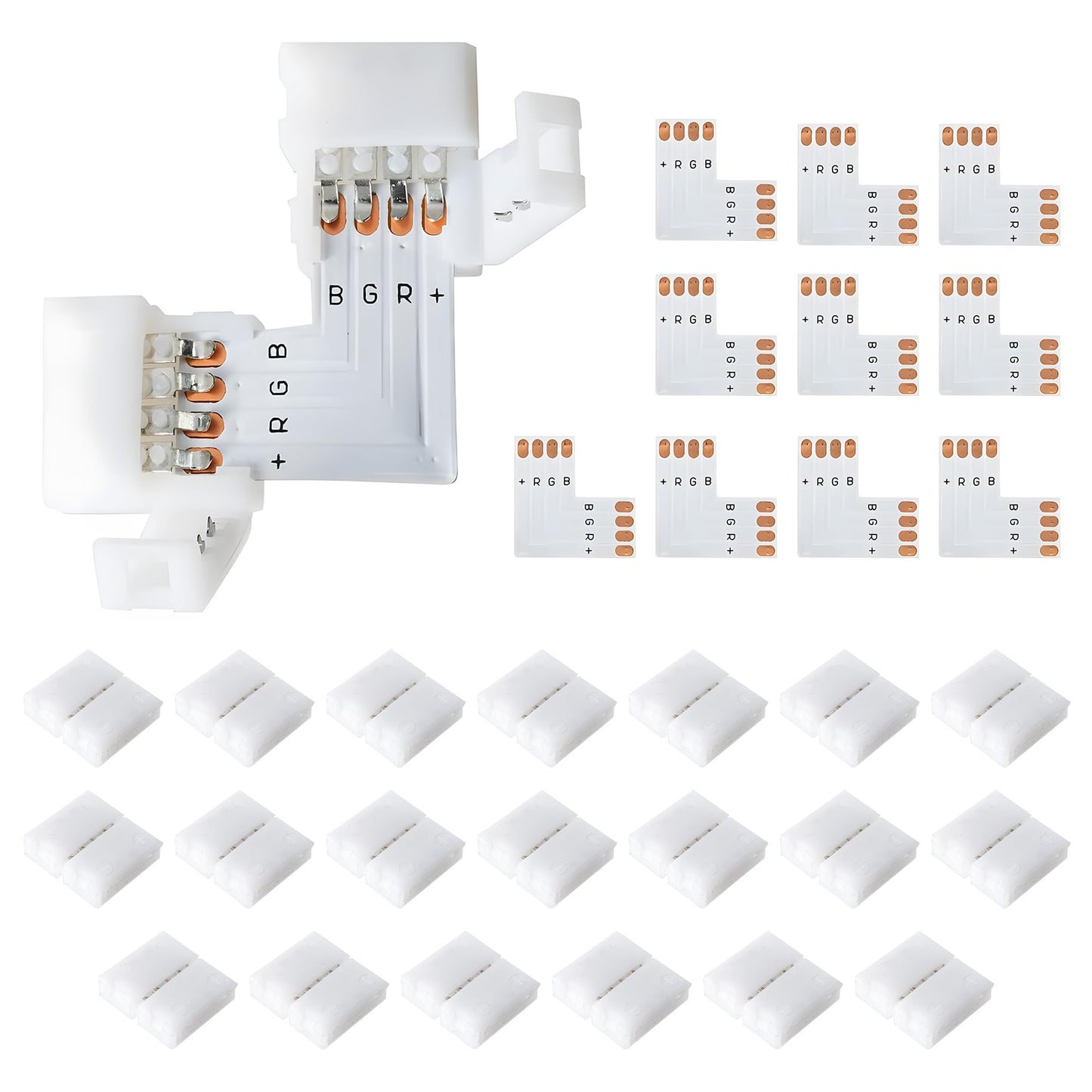 JACKYLED L Shape 8mm 4-Pin LED Strip Connectors 10-Pack Total 32pcs, Unwired Solderless LED Light Connectors for 8mm Wide 4-Pin Strip Lights - 8mm 4pin 10 Pack