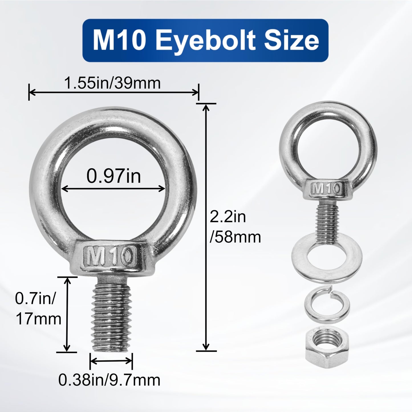 SRZTXU 4 Pack M10 Stainless Steel Eye Bolts with Nuts Washers, 0.65"(17mm) Thread Length - Eyebolts for DIY, Furniture, Swing, and Outdoor Use (4, M10 x 17mm)