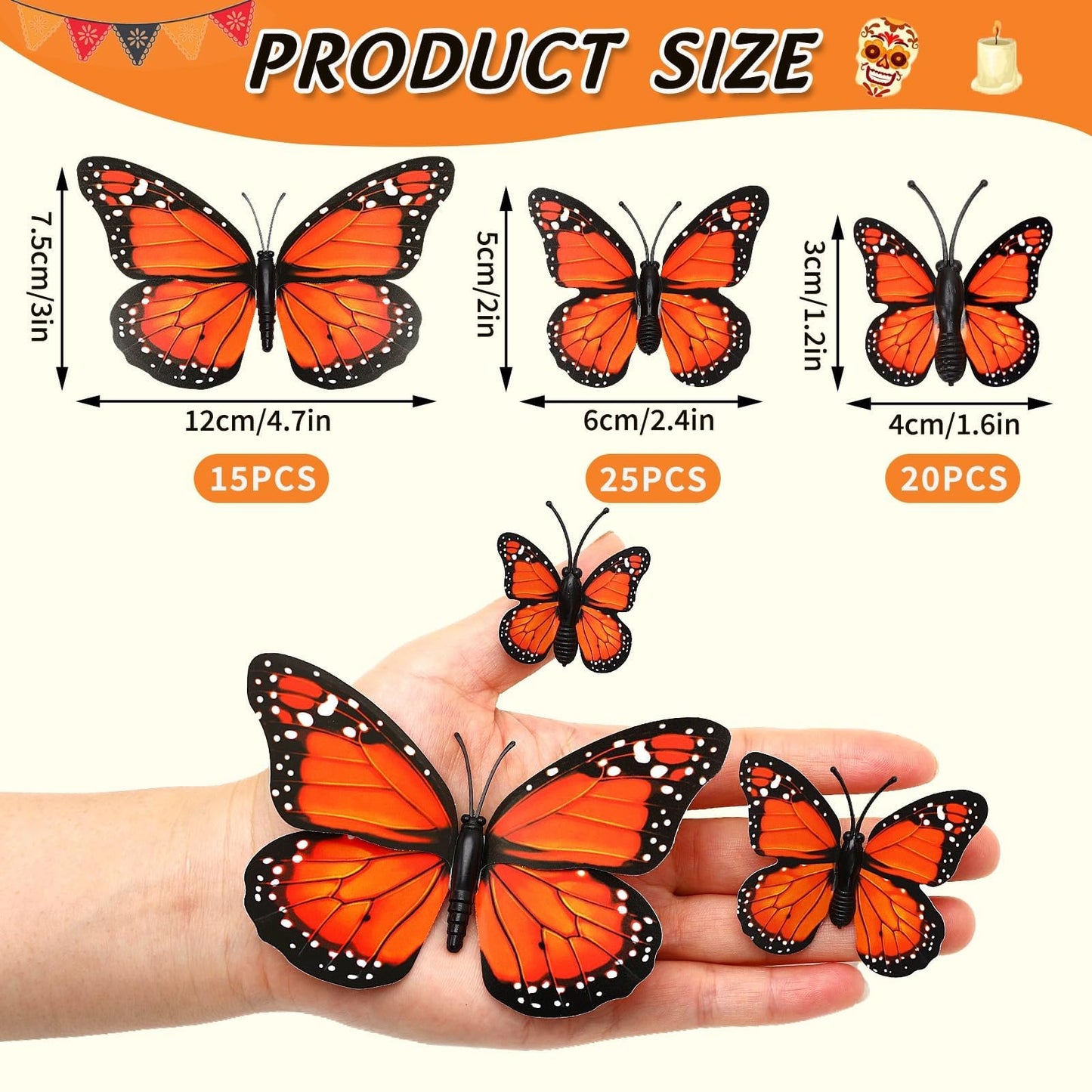 SEPGLITTER Monarch Butterfly Decorations, 60 Pcs 3D Artificial Monarch Butterfly 4 Sizes Orange Fake Butterflies Wall Decal for Home Party Day of The Dead Halloween Autumn Wedding Bedroom Craft Decor