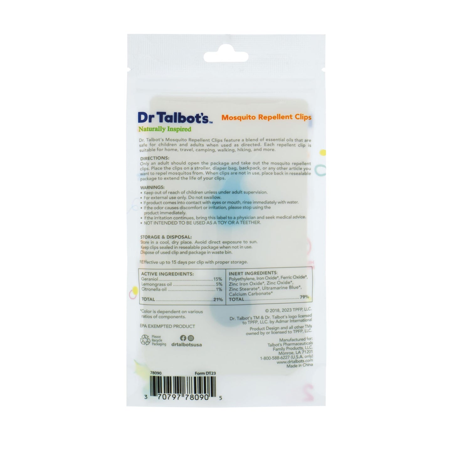 Dr. Talbot's Mosquito Clips for Baby & Toddler with Naturally Inspired Ingredients, Citronella & Lemongrass, DEET Free, 1 Pack (2 Clips)