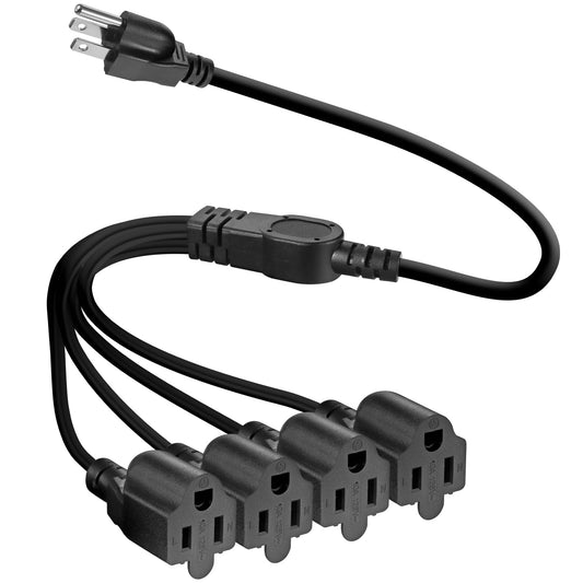 VSEER 4 Outlet Power Cord, NEMA 5-15P to 5-15R 3 Prong 1 to 4 Y Splitter US AC Male and Female Power Cable SJT 16AWG Outlet Saver, 4 Way Extension Cord Splitter Black, 20 Inch (1 Pack)