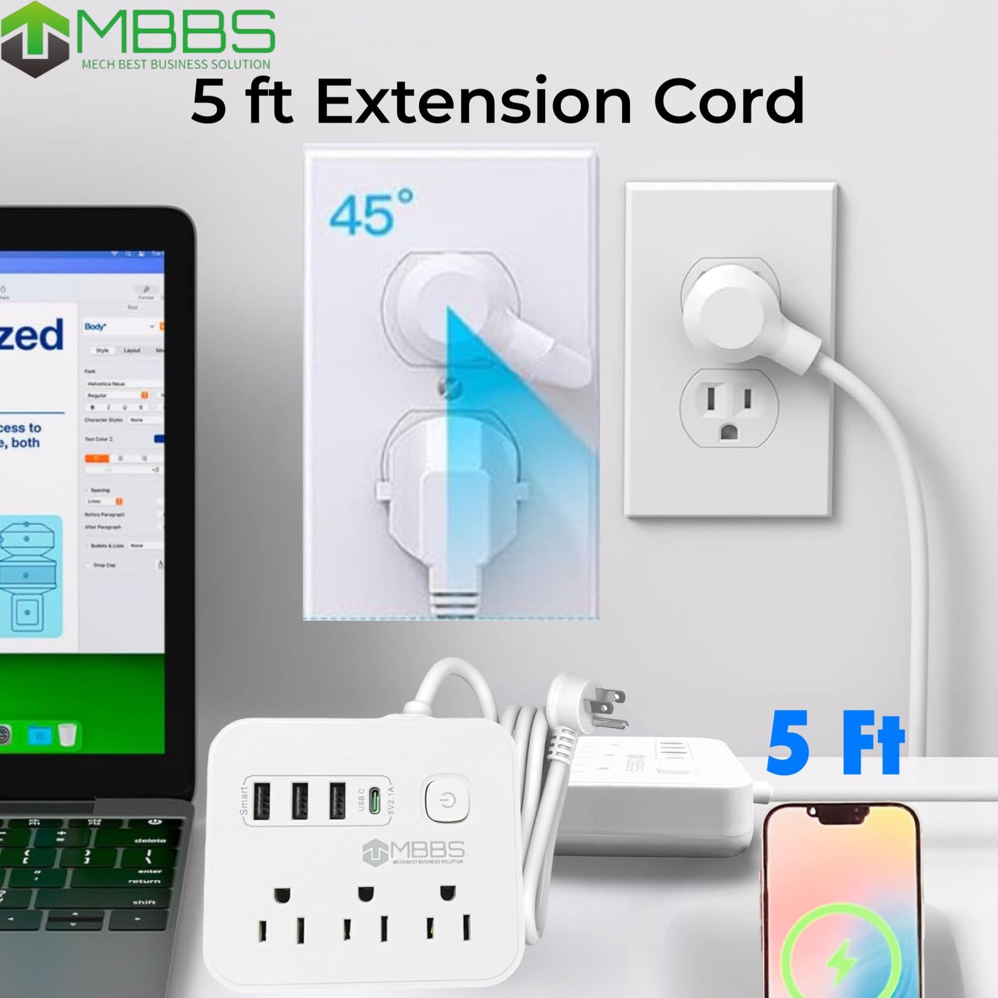 Surge Protector Power Strip with USB C, 1200J Protection, Heavy Duty Extension Cord – (7-in-1) 3 AC Outlets, 4 USB Ports, LED On/Off Switch – Compact & Travel Friendly – Home, Office. (5ft)