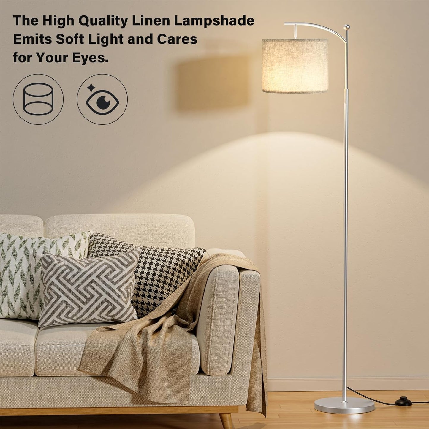 Modern 60" Floor Lamp with Remote Control & Dimmable LED Bulb - Beige Shade, Adjustable Brightness for Living Room