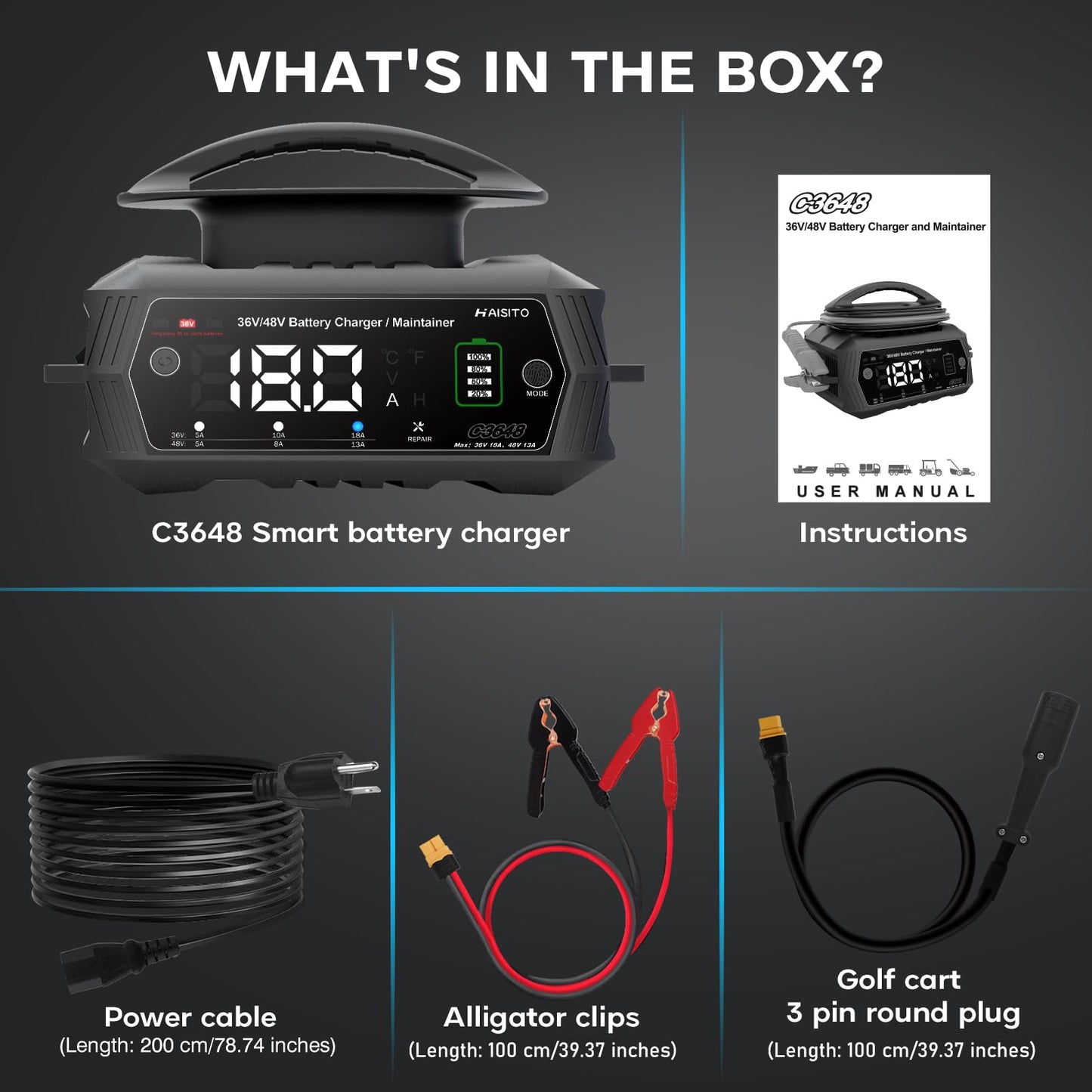 48V Golf Carts Battery Charger,18 AMP 36 Volt Lithium LIFEPO4 Battery Charger for Club Car 3-Pin Round Plug Black