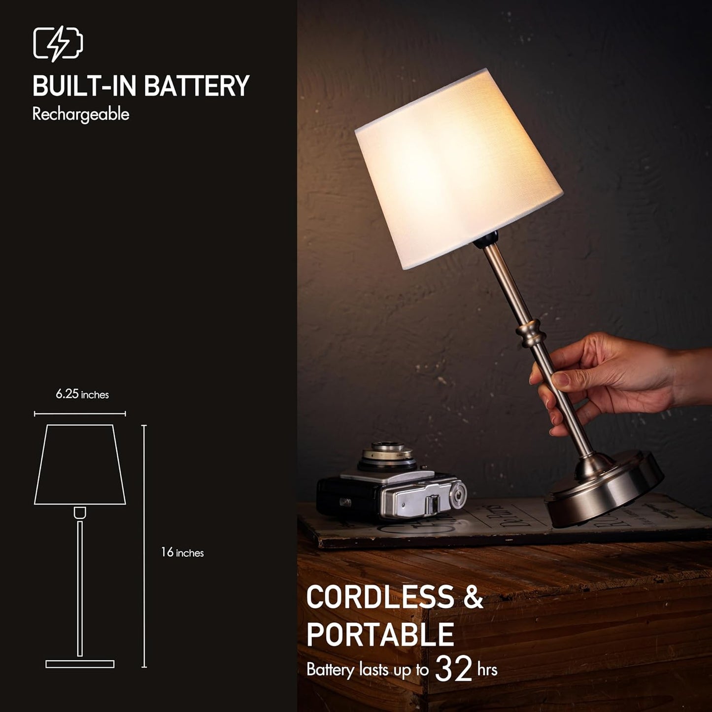 Cordless LED Table Lamp with Dimmer - O’Bright Seraph, Rechargeable Battery, 3-Level Brightness, Perfect for Patio & Bedside