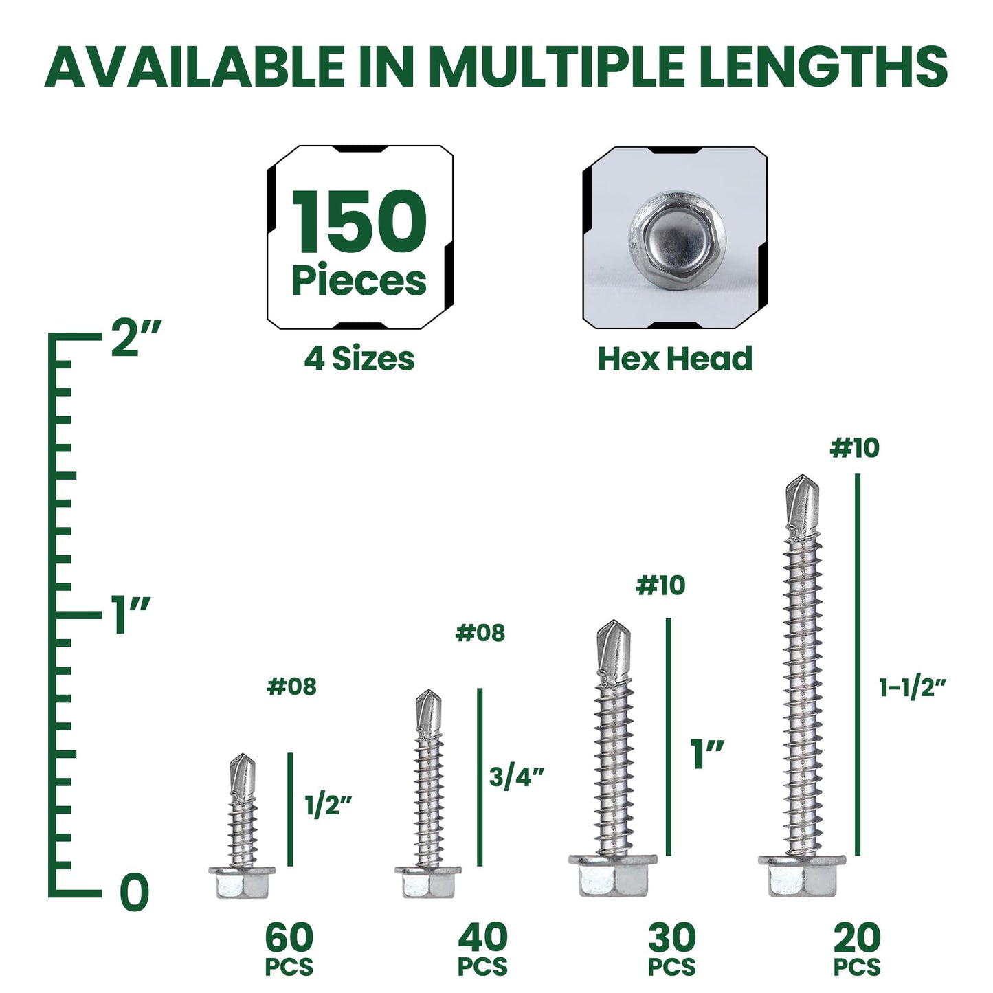 150 PCS Self Drilling Screws for Metal, Wood & Plastic – 410 Stainless Steel Self Tapping Screws Assortment – Includes #8 (1/2”, 3/4”) & #10 (1”, 1-1/2”) TEK Metal Screws with Hex Washer Head
