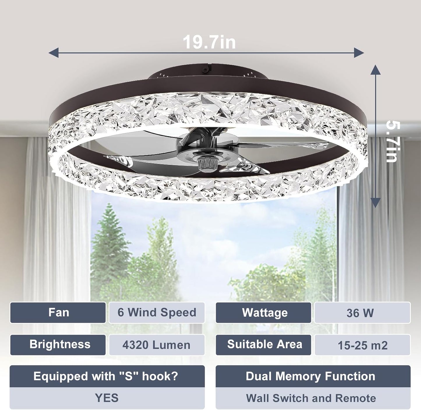 Modern Bladeless Ceiling Fan with Light & Remote - 15.7in Low Profile Fandelier, Dimmable 3000K-6500K for Bedroom