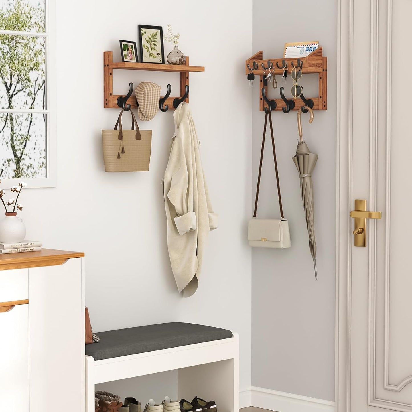 29" Wall-Mounted Coat Rack with Shelf & 11 Hooks - Entryway Key Holder & Mail Organizer