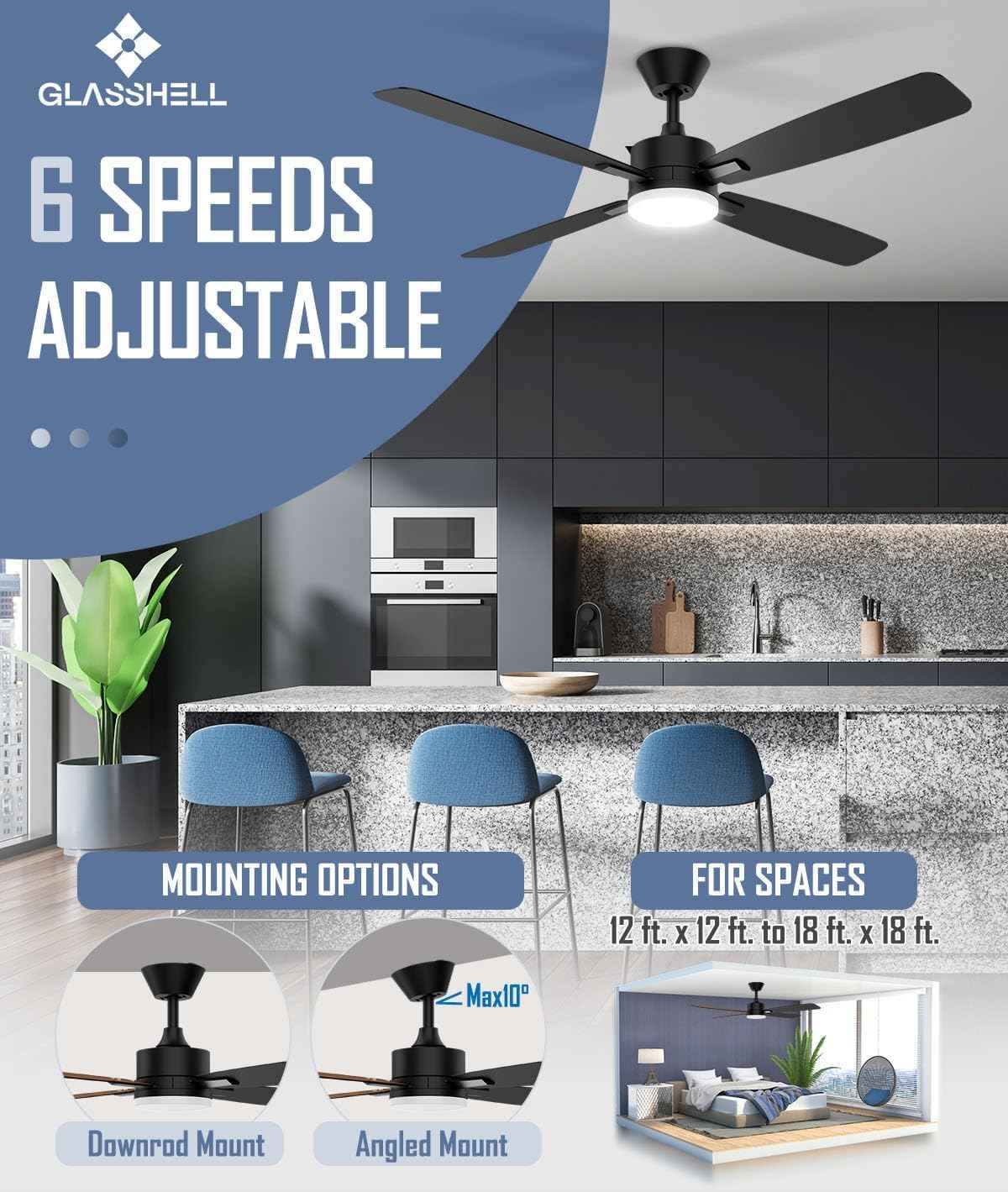 52-Inch Ceiling Fan with Remote Control & Dimmable Light - Noiseless DC Motor for Indoor/Outdoor Use