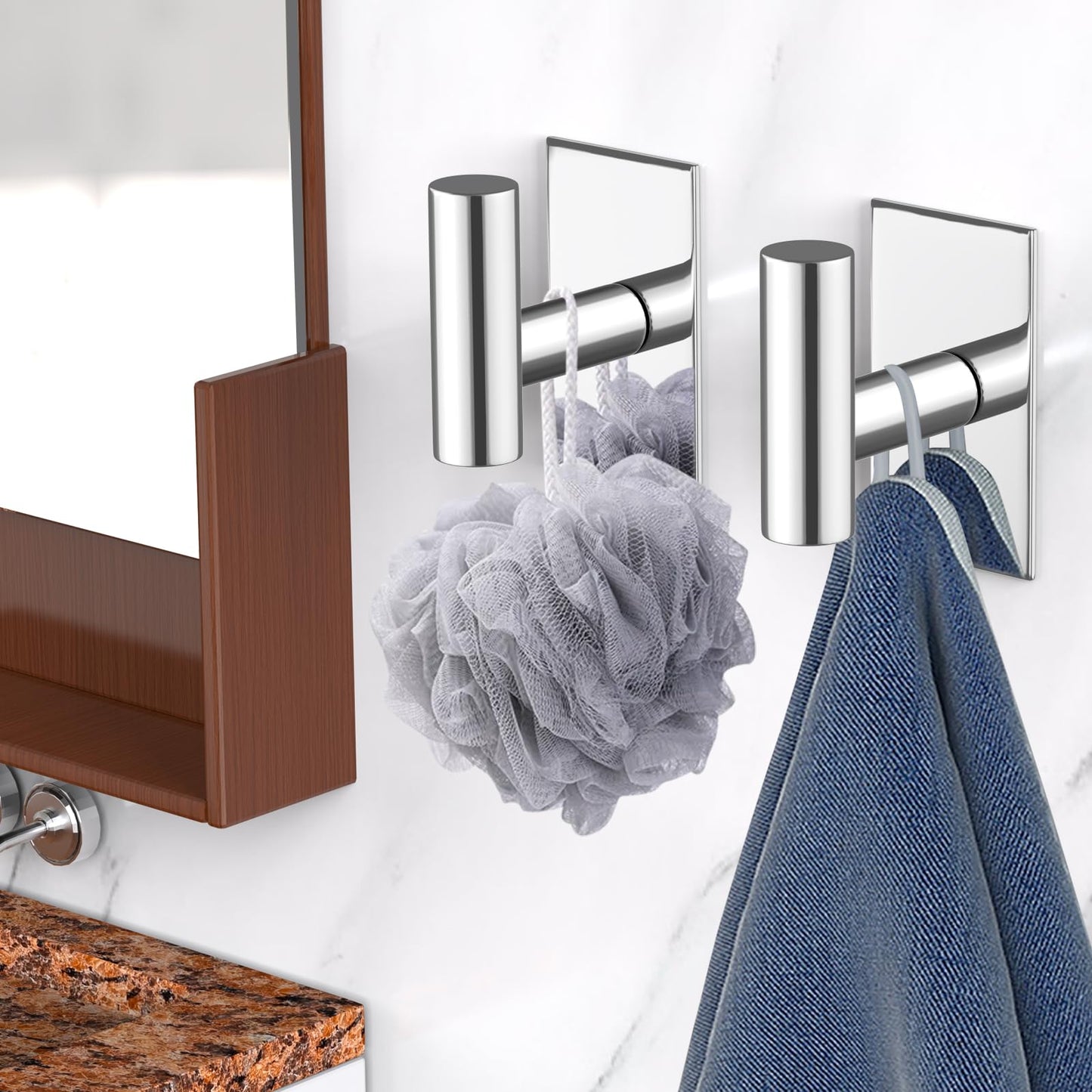 VAEHOLD Wall Towel Hooks, Heavy Duty Sticky Holder Waterproof Towel Hooks for Hanging Coat, Clothes, Closet Hook Wall Mount for Kitchen (Chrome, 2 Pack)