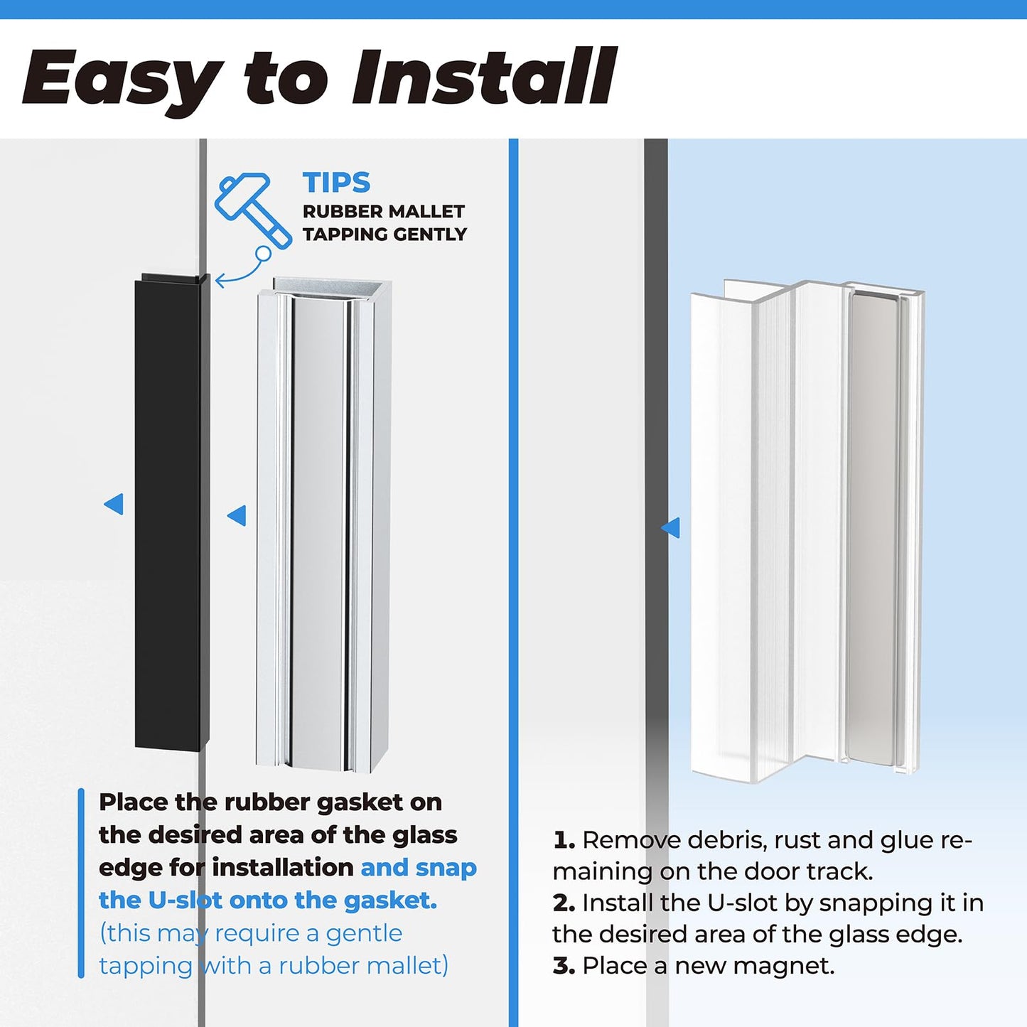 U Channel Door Frame with Metal Strike for 1/8" 5/32" 3/16" and 1/4" Thick Swing Glass Shower Doors, U Channel Door Frame with Clear Polycarbonate and Magnet for 3/8" Frame and Frameless Shower Door