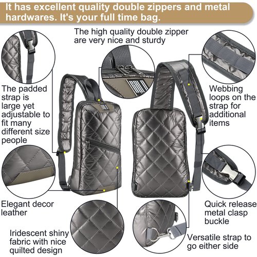 GBLQ PLUS Sling Bags, Iridescent Crossbody Shoulder Puffer Backpack for Women Men, Travel Hiking Small Chest Daypack (Metallic Blue)