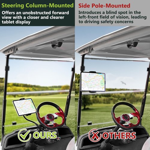 Urgown Golf Cart Tablet Phone Holder with Extended Arm, Steering Column-Mounted Tablet/Phone Mount, Length Adjustable/360° Rotatable, Universal Compatible with 4-13'' Devices, Round Clip
