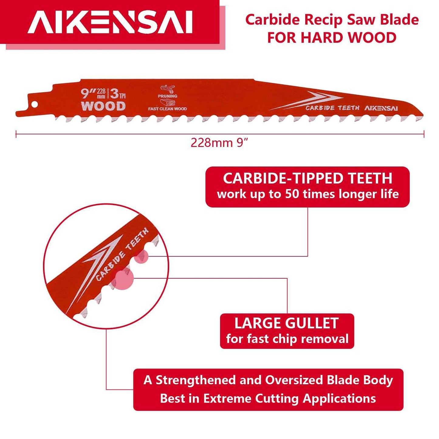 AIKENSAI 3-Pack 9 Inch 3TPI Carbide Pruning Saw Blades Carbide Reciprocating Saw Blades for Wood Trees Compatible with Sawzall Milwaukee Dewalt Ryobi etc