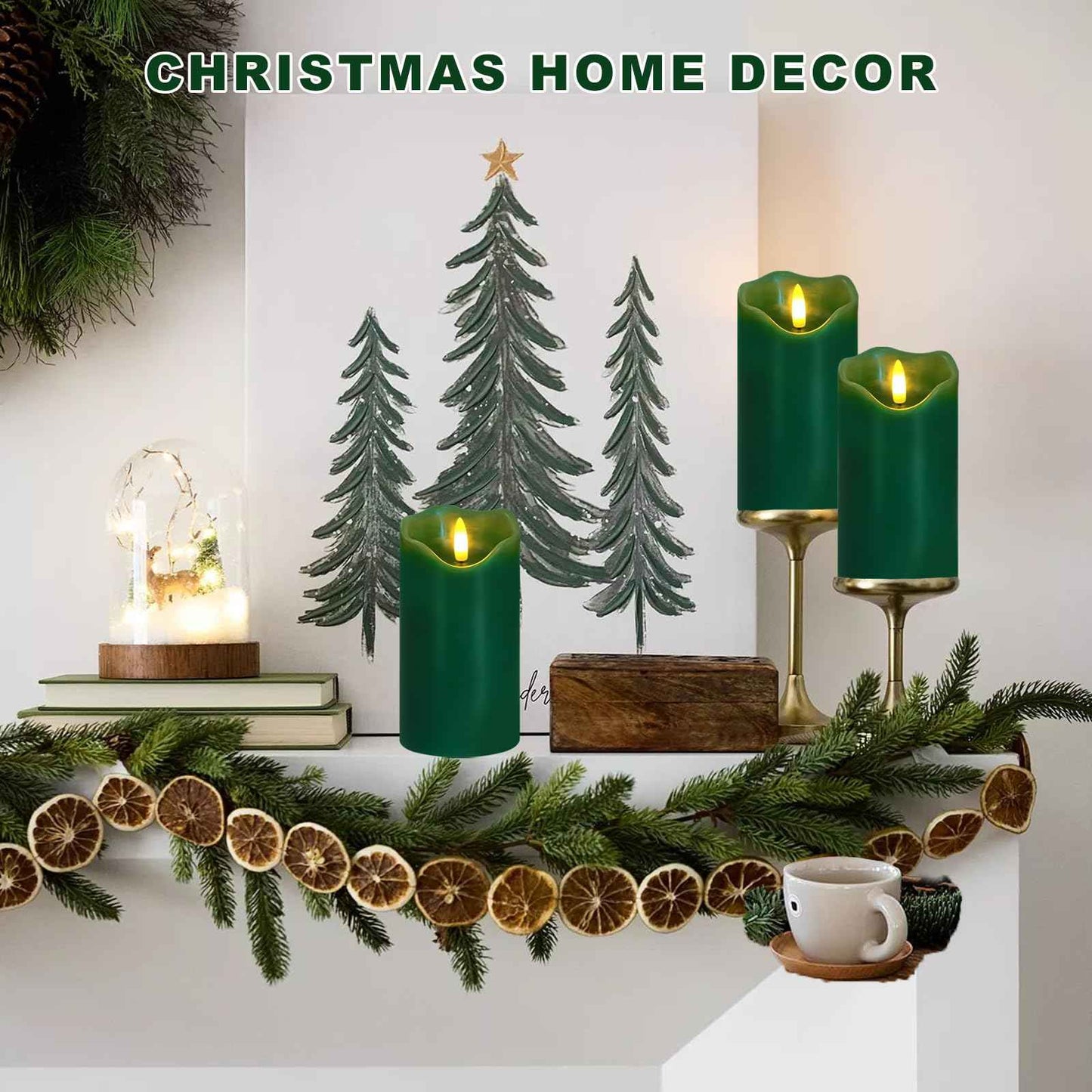 VEEKI Flameless Candles Light, Set of 2 6"x3" Flickering Christmas Flameless Candles with Remote & Timer, Dimmable Real Wax Pillar Candles Battery Operated, Green Candles for Home Xmas Decor (Green)