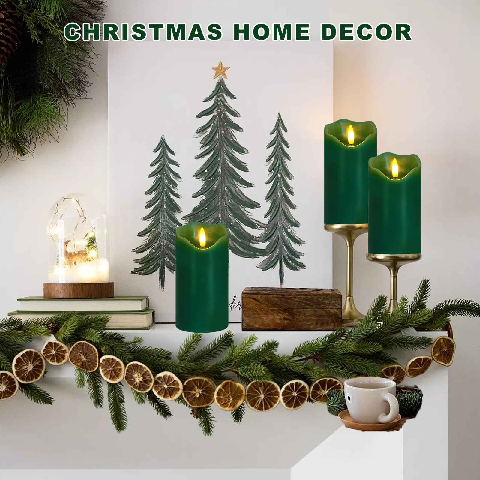 VEEKI Flameless Candles Light, Set of 2 6"x3" Flickering Christmas Flameless Candles with Remote & Timer, Dimmable Real Wax Pillar Candles Battery Operated, Green Candles for Home Xmas Decor (Green)