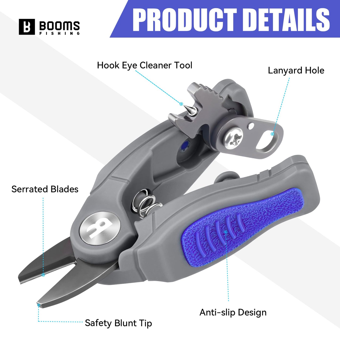 Booms Fishing Line Cutter with Retractor: Mini Fishing Scissors for Braided Momo Fluoro Line - Braid Scissors Saltwater with Hook Eye Cleaner - Serrated Shears with Locking Feature, FR1