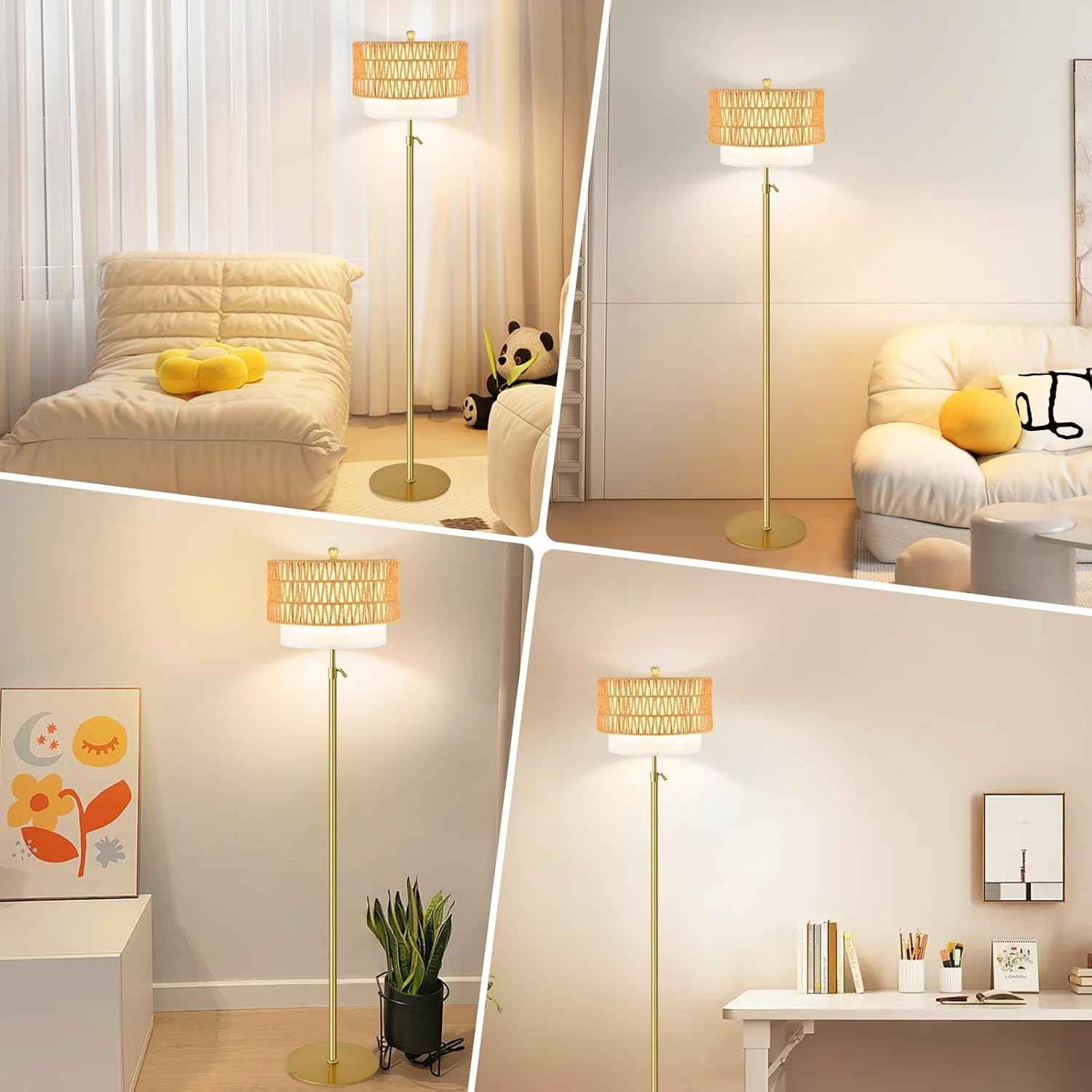 Boho Gold Floor Lamp with Remote Control | Dimmable Rattan & Wicker Design for Living Room