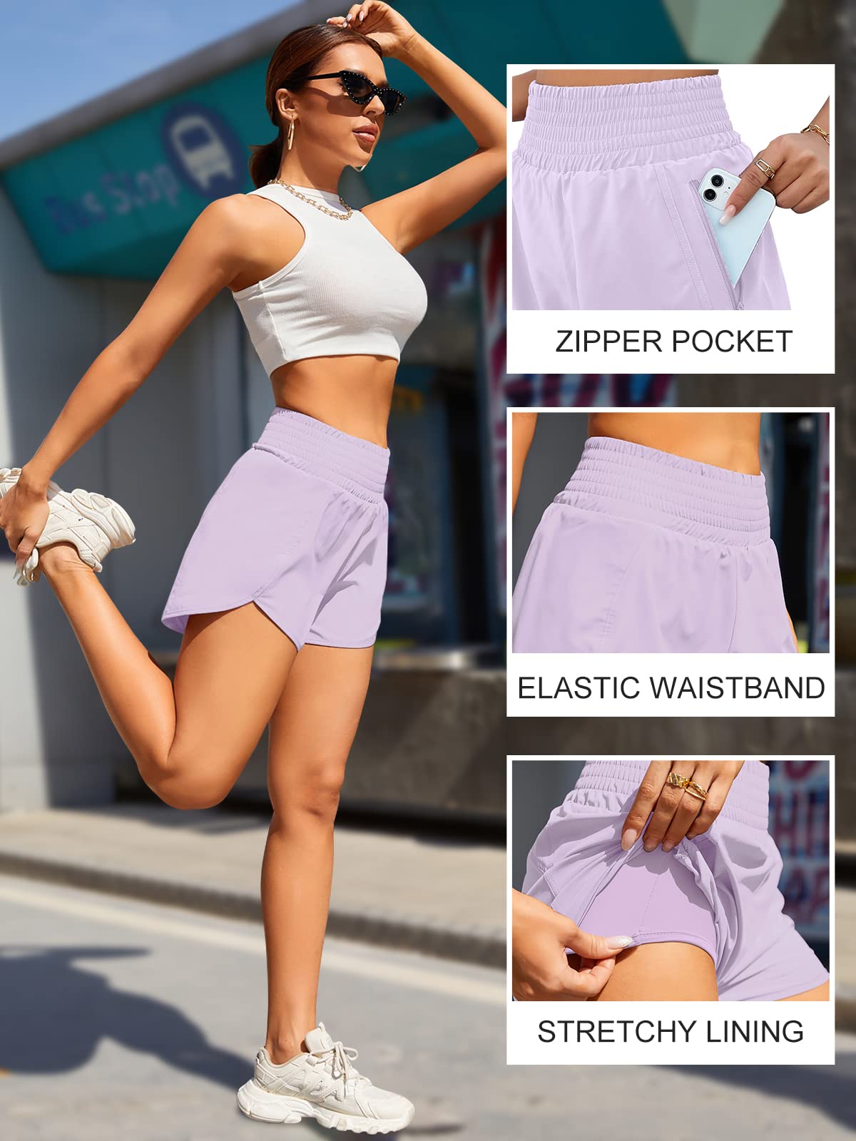 BMJL Women's Athletic Shorts High Waisted Running Short Pocket 2.5" Sporty Shorts Gym Elastic Workout Shorts(XL,Violet)