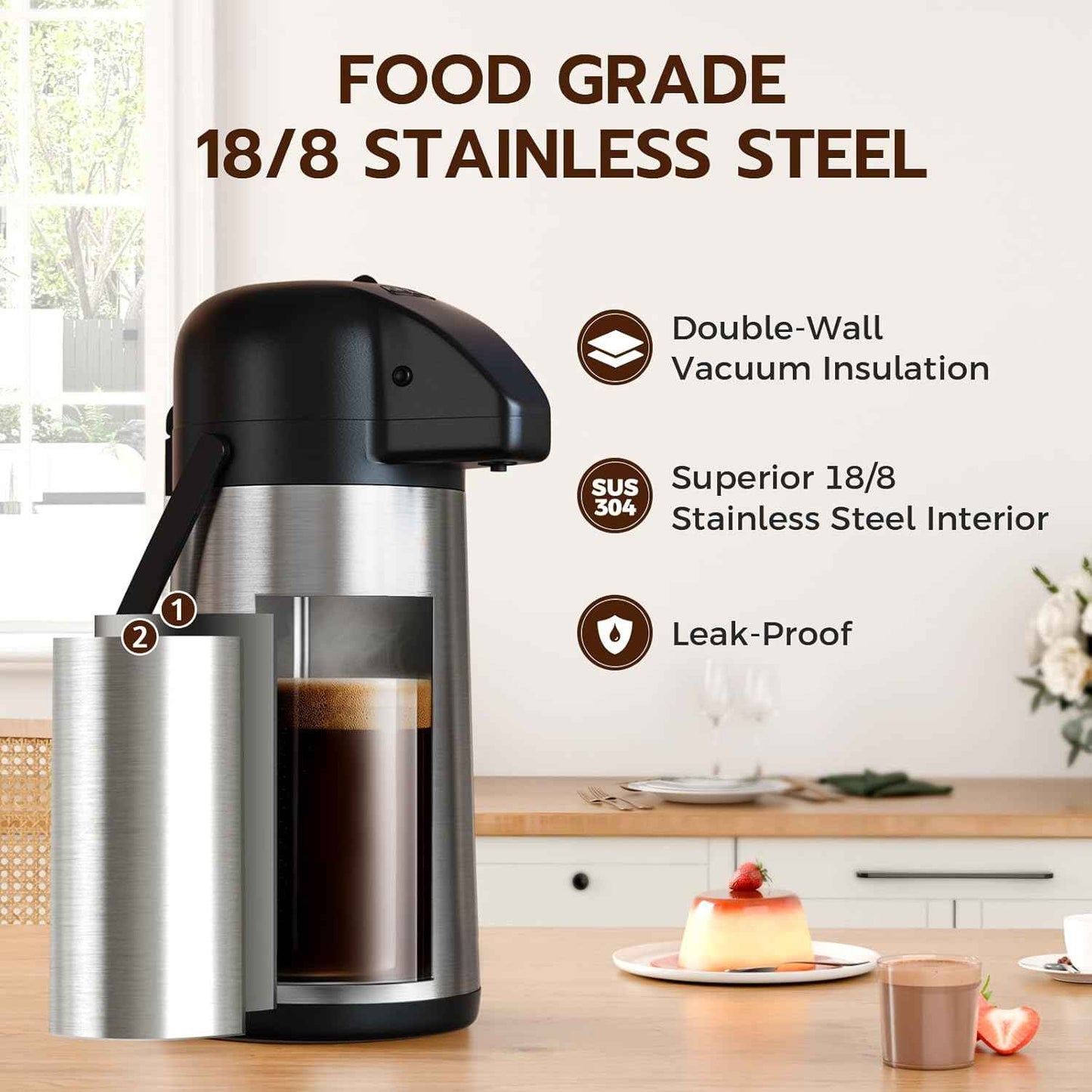 Large 102OZ Stainless Steel Coffee Carafe - Insulated Airpot Dispenser for Hot Drinks