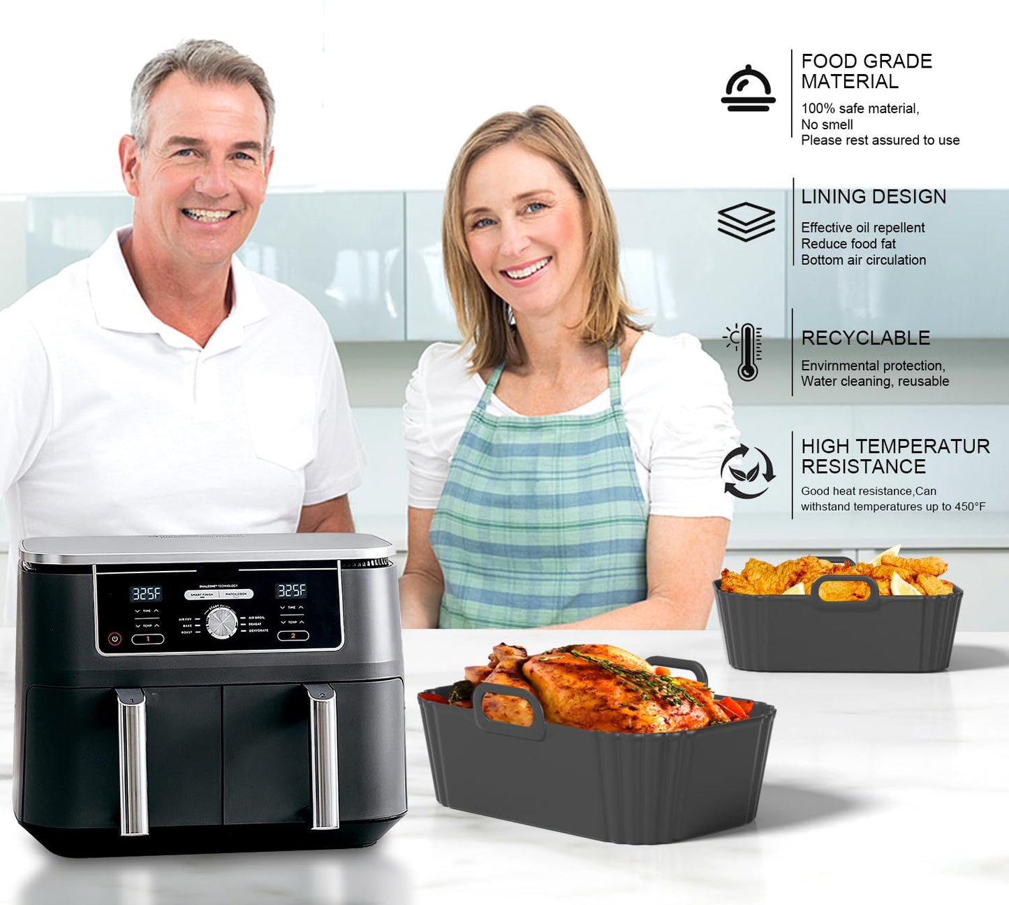 Masgarlan Silicone Air Fryer Liners 2 Pack, Reusable Compatible for Ninja Foodi DZ201, DZ401, DZ550, DZ302, COSORI 9QT, Chefman, Instant, and 6-in-1 8-10QT Dual Baskets