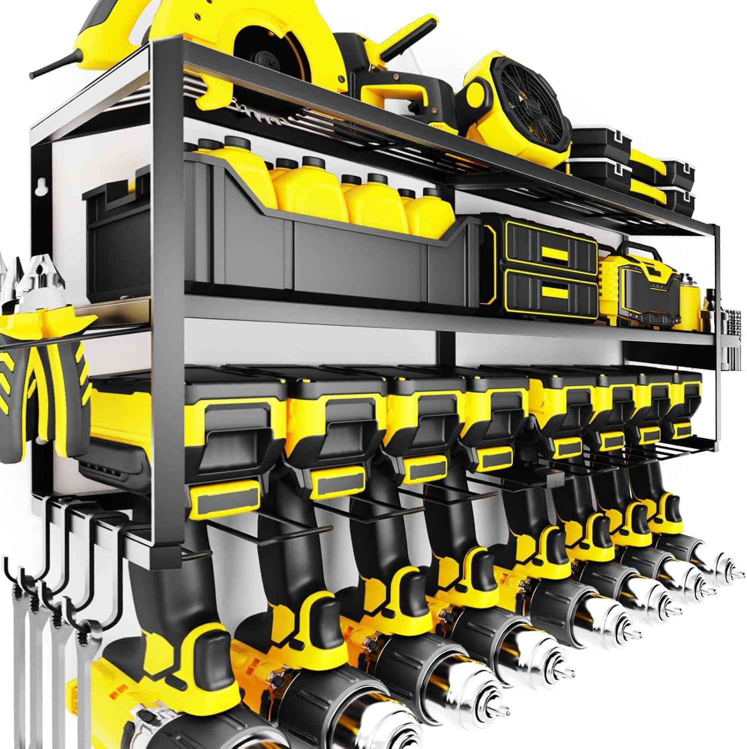Heavy-Duty Wall-Mount Power Tool Organizer - 3 Extra Large Layers, 300lbs Capacity, 8 Cordless Drill Holders for Garage & Workshop