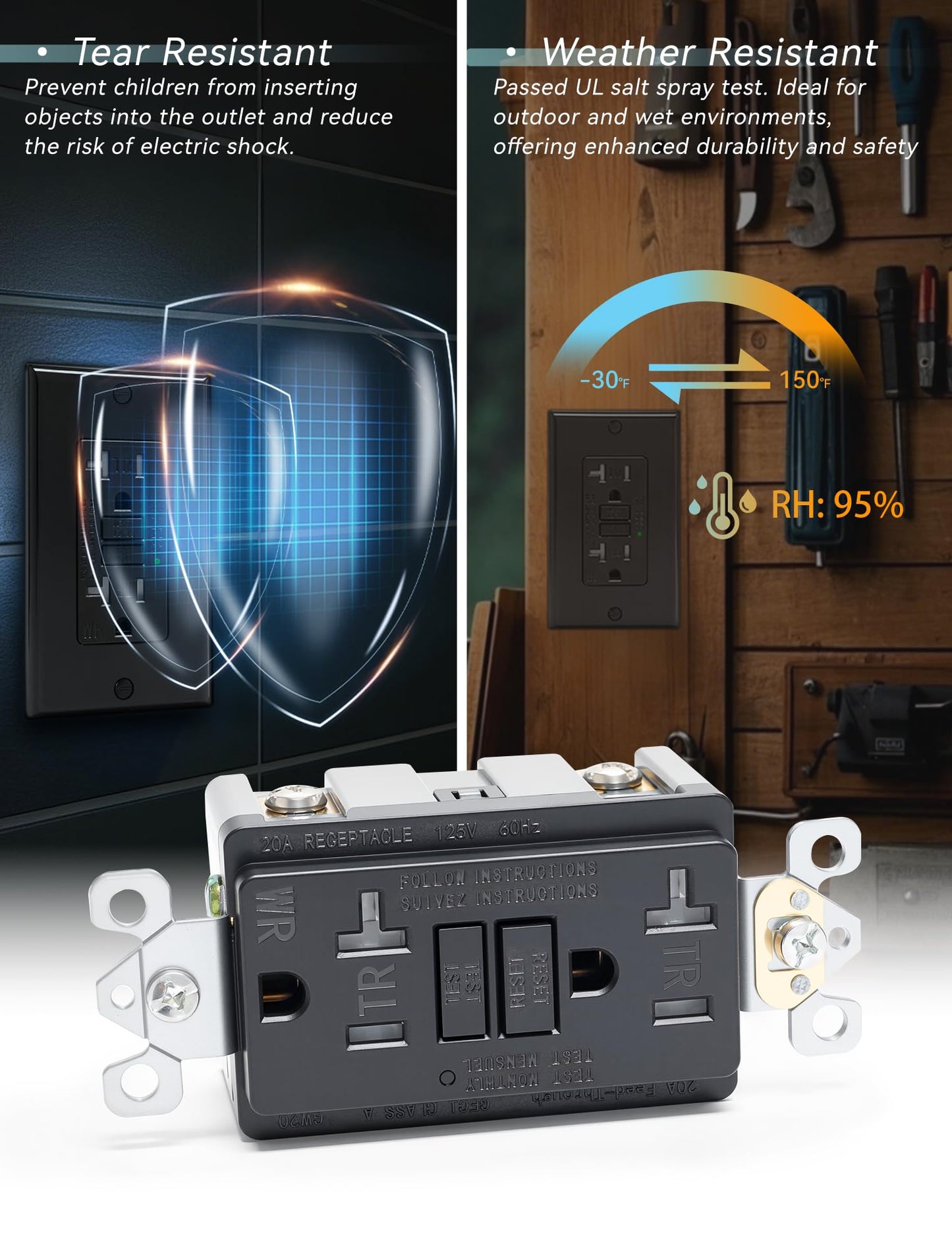 1-Pack 20 Amp GFI Electrical GFCI Outlet Self-Test Tamper Resistant (TR) Weather Resistant (WR) Ground Fault Receptacle with LED Indicator UL Listed Standard Wall Plate Included Black