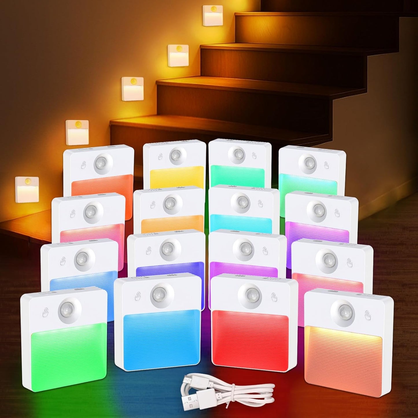 Rechargeable Motion Sensor Stair Lights - 8 Pack RGBW Battery Operated Night Lamps for Indoor Use