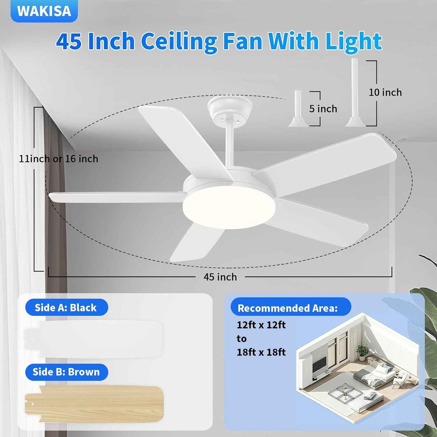 45-Inch Dimmable Ceiling Fan with Lights & Remote - 6 Speeds, Reversible, Quick Install for Indoor/Outdoor Use