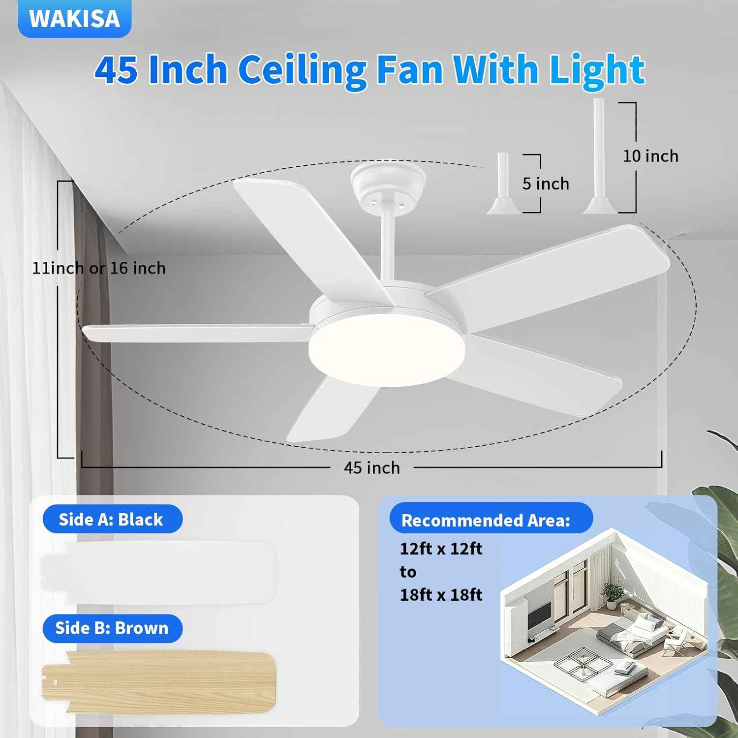 45-Inch Dimmable Ceiling Fan with Lights & Remote - 6 Speeds, Reversible, Quick Install for Indoor/Outdoor Use