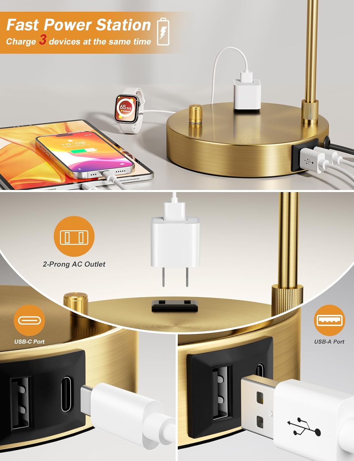 Dimmable Tall Table Lamp with USB Port & Outlet - Linen Shade Bedside Desk Lamp for Bedroom, Living Room, Home Office