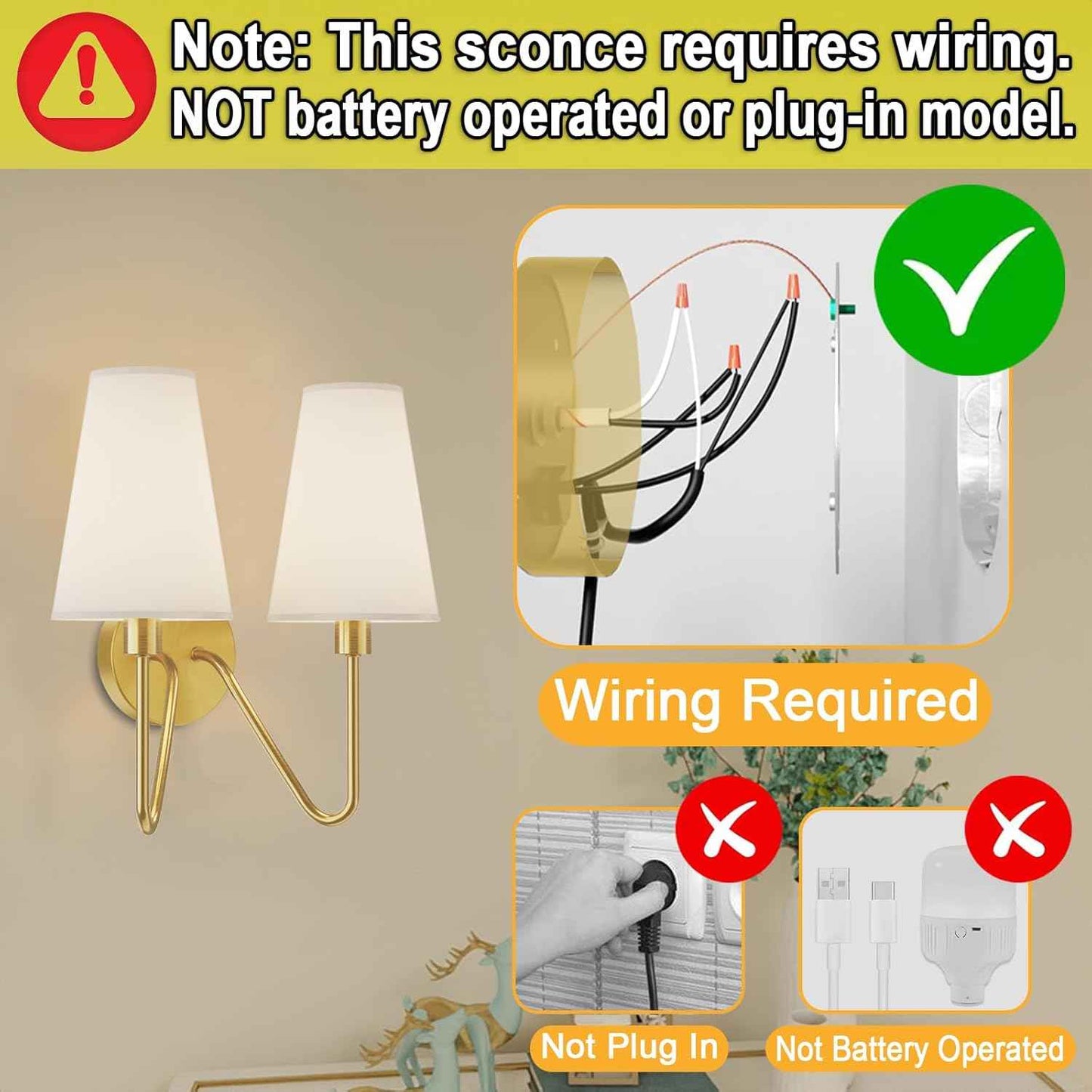 Gold Wall Sconce Lighting Fixture - Set of 2 Classic E12 Hardwired Lamps with Cream Shades