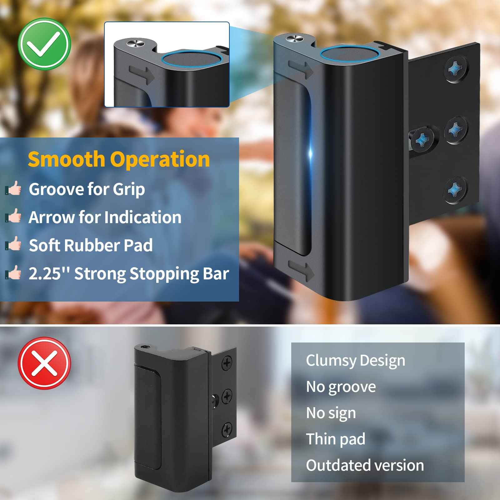 Home Security Door Reinforcement Lock Safety Latch Extra Front Doors Security Devices, Anti Door Kick in Safety Protector for Door Inside, Child Proof Aluminum Locks Black 2Pack