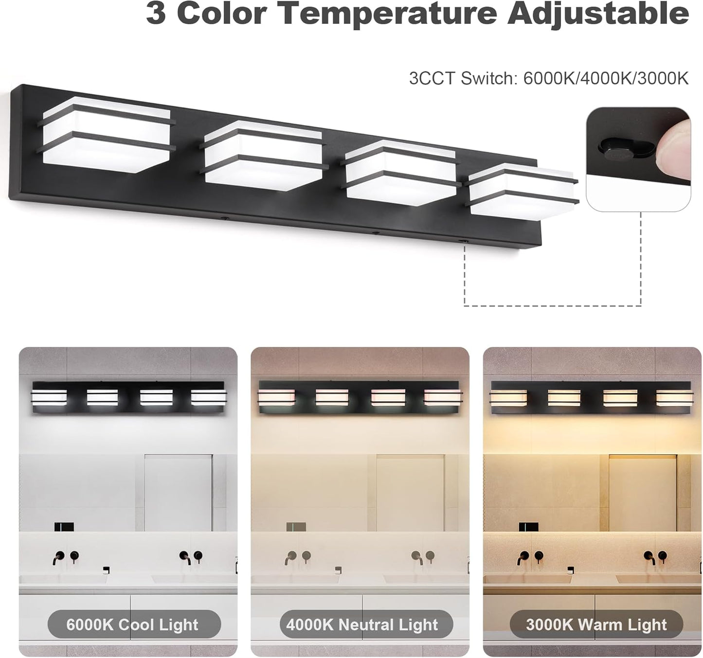 LED Chrome 3-Light Dimmable Bathroom Vanity Light Fixture - Modern Acrylic & Stainless Steel Over Mirror Lighting