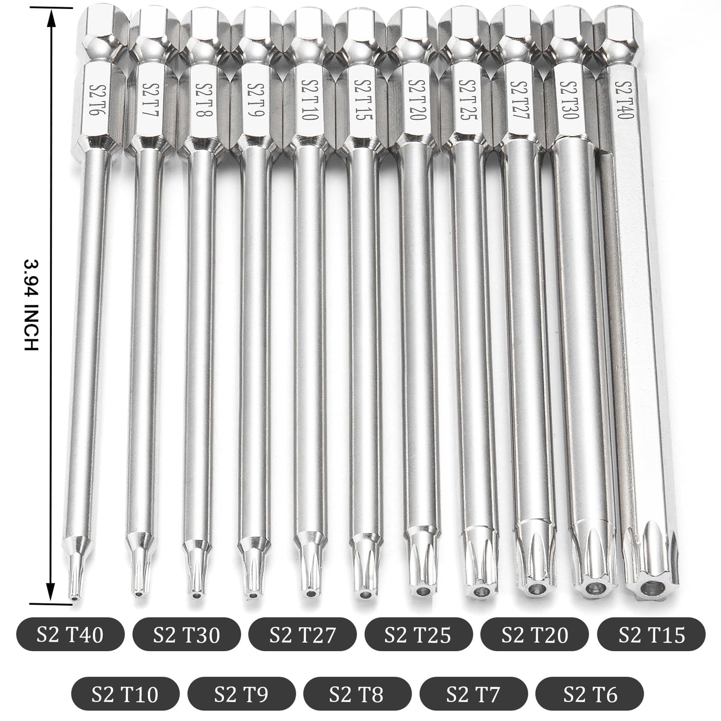 11 Piece Security Torx Bit Set (T6-T40), 1/4 Inch Hex Shank S2 Steel Magnetic Tamper Proof star screwdriver bit set 4" Long
